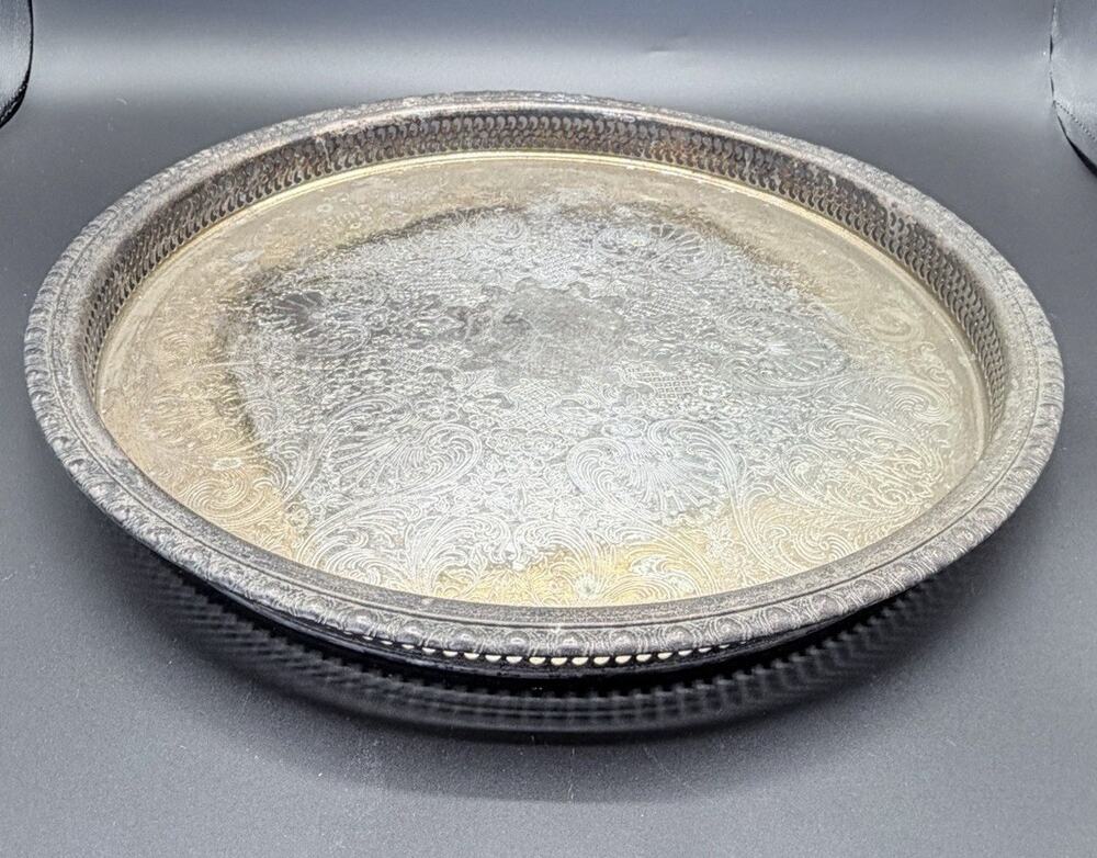 Vintage 15” Silverplate Cake Plateau Stand Engraved Floral Pierced Gallery